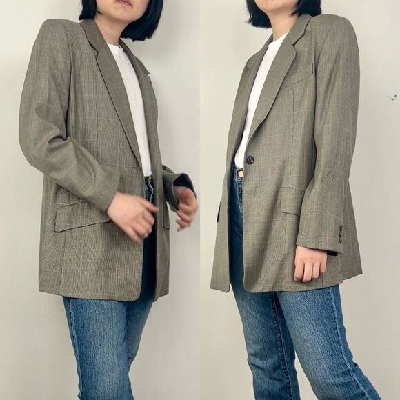 Vintage Burberry Plaid Tan Grey Wool Silk Blazer - Picture 3 of 8